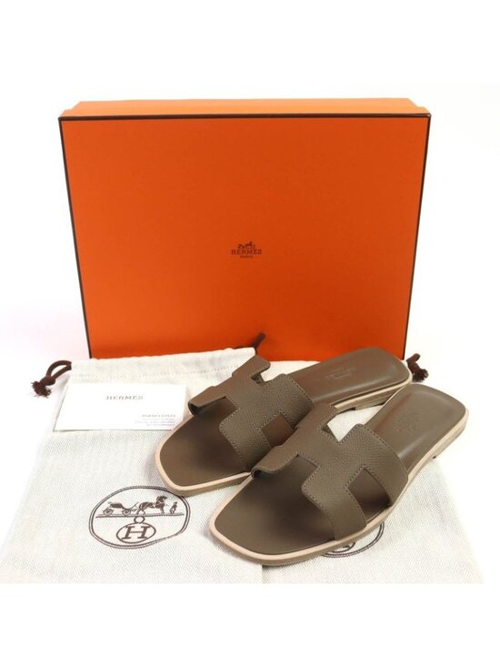Oran sandal | Hermès USA Hermes Oran Etoupe H Logo Leather Flat Sandals Mule 37 Box Storage Bag
